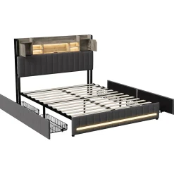 ProximaX Cadre de lit double gris 140x190 cm, sommier à lattes, rembourré avec tête de lit rangement, 4 tiroirs intégrés et montage facile