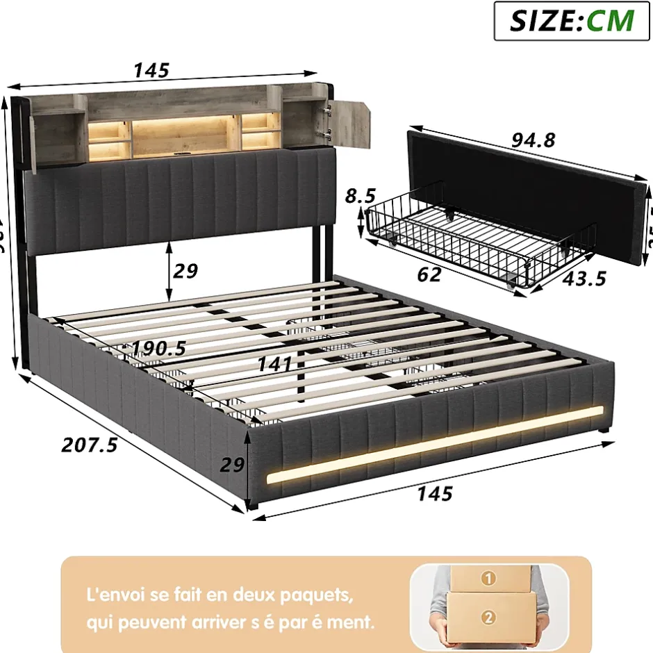 ProximaX Cadre de lit double gris 140x190 cm, sommier à lattes, rembourré avec tête de lit rangement, 4 tiroirs intégrés et montage facile Discount