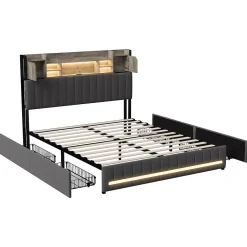 ProximaX Cadre de lit double gris 140x190 cm, sommier à lattes, rembourré avec tête de lit rangement, 4 tiroirs intégrés et montage facile Discount