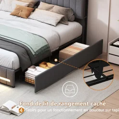 ProximaX Cadre de lit double gris 140x190 cm, sommier à lattes, rembourré avec tête de lit rangement, 4 tiroirs intégrés et montage facile Discount
