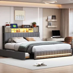 ProximaX Cadre de lit double gris 140x190 cm, sommier à lattes, rembourré avec tête de lit rangement, 4 tiroirs intégrés et montage facile Discount