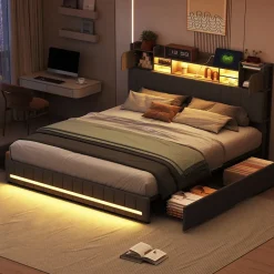 ProximaX Cadre de lit double gris 140x190 cm, sommier à lattes, rembourré avec tête de lit rangement, 4 tiroirs intégrés et montage facile Discount