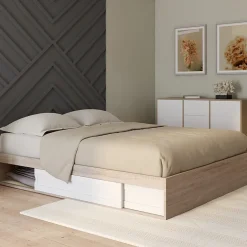 IDMarket Cadre de lit double SALEM avec rangements et sommier 140 x 190 cm façon hêtre et blanc