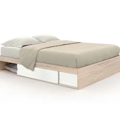 IDMarket Cadre de lit double SALEM avec rangements et sommier 140 x 190 cm façon hêtre et blanc