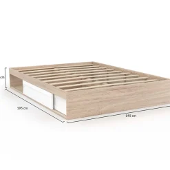 IDMarket Cadre de lit double SALEM avec rangements et sommier 140 x 190 cm façon hêtre et blanc