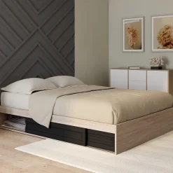 IDMarket Cadre de lit double SALEM avec rangements et sommier 140 x 190 cm façon hêtre et noir