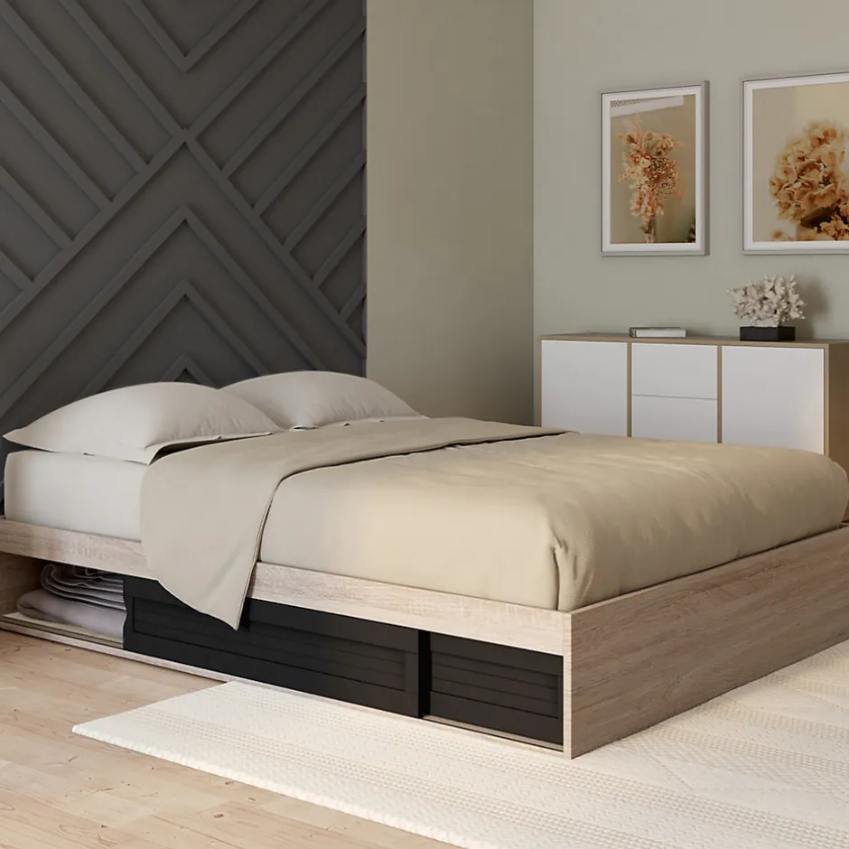 IDMarket Cadre de lit double SALEM avec rangements et sommier 140 x 190 cm façon hêtre et noir