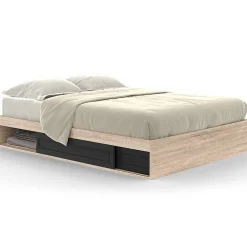 IDMarket Cadre de lit double SALEM avec rangements et sommier 140 x 190 cm façon hêtre et noir