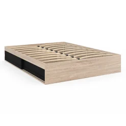 IDMarket Cadre de lit double SALEM avec rangements et sommier 140 x 190 cm façon hêtre et noir
