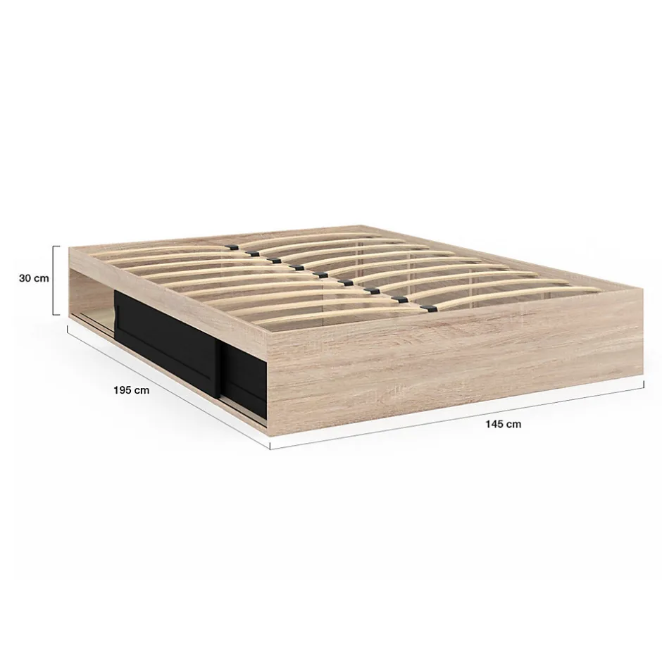 IDMarket Cadre de lit double SALEM avec rangements et sommier 140 x 190 cm façon hêtre et noir