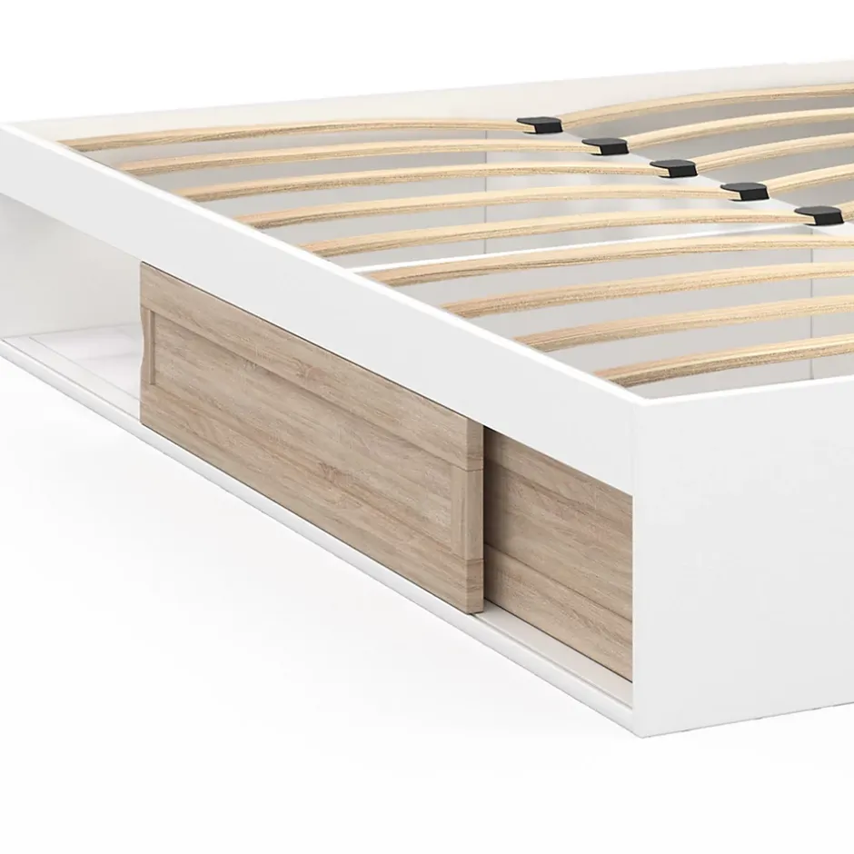 IDMarket Cadre de lit double SALEM avec rangements et sommier 140 x 190 cm blanc et façon hêtre Clearance