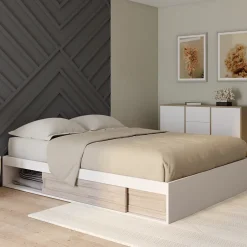 IDMarket Cadre de lit double SALEM avec rangements et sommier 140 x 190 cm blanc et façon hêtre Clearance
