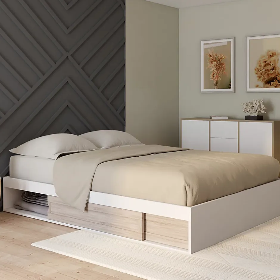 IDMarket Cadre de lit double SALEM avec rangements et sommier 140 x 190 cm blanc et façon hêtre Clearance