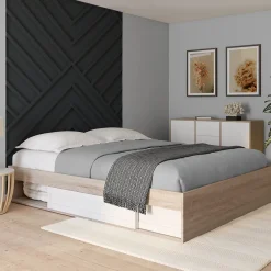 IDMarket Cadre de lit double SALEM avec rangements et sommier 160 x 200 cm façon hêtre et blanc