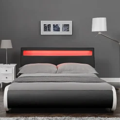 Corium Cadre de lit double Valencia à LED 140x200cm cuir synthétique avec sommier à lattes noir Hot