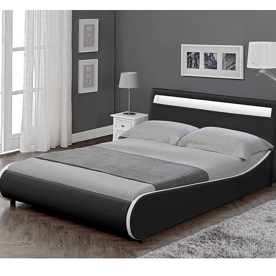 Corium Cadre de lit double Valencia à LED 140x200cm cuir synthétique avec sommier à lattes noir Hot