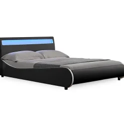 Corium Cadre de lit double Valencia à LED 140x200cm cuir synthétique avec sommier à lattes noir Hot