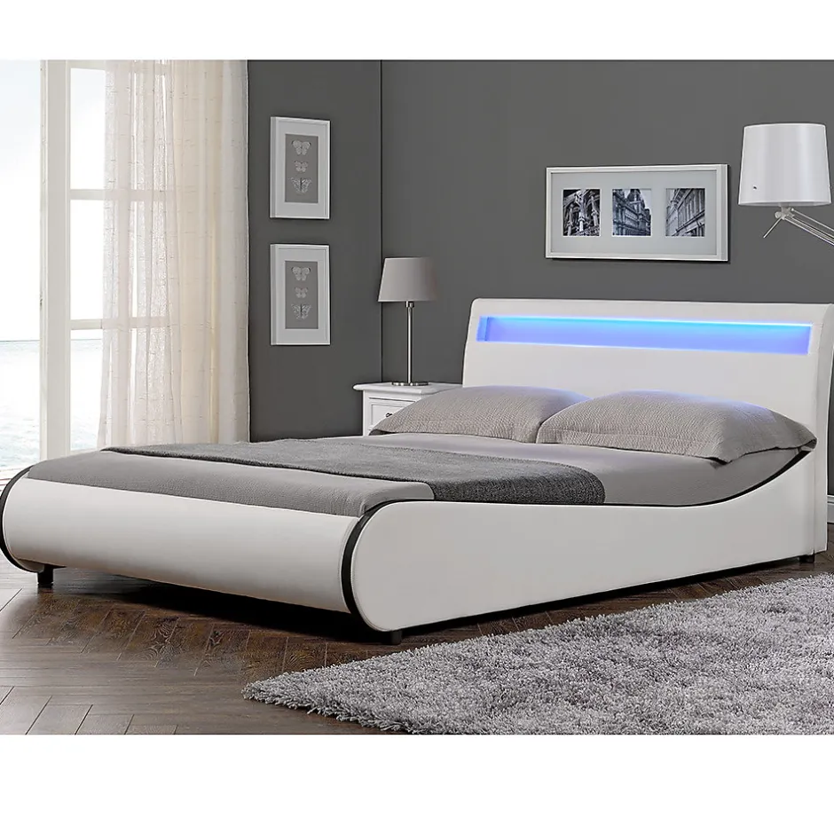 Corium Cadre de lit double Valencia à LED 140x200cm cuir synthétique avec sommier à lattes blanc