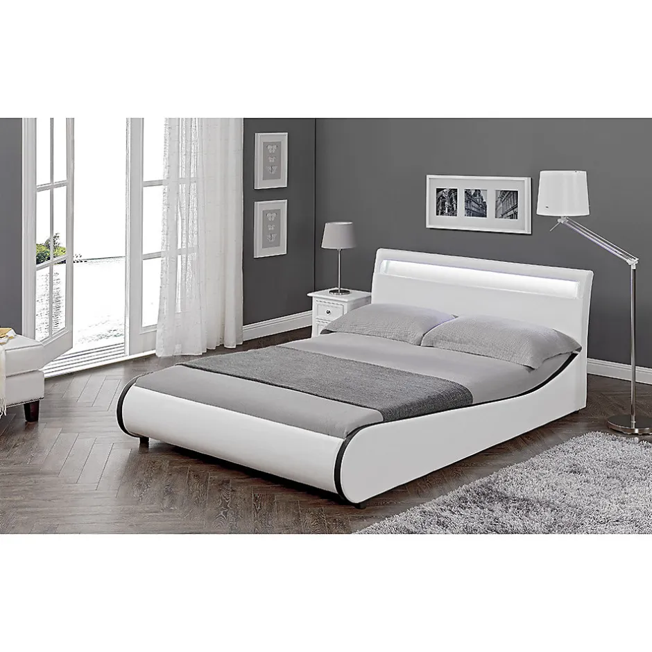 Corium Cadre de lit double Valencia à LED 180x200cm cuir synthétique avec sommier à lattes blanc