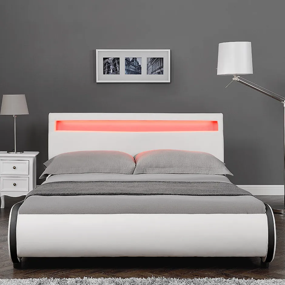 Corium Cadre de lit double Valencia à LED 180x200cm cuir synthétique avec sommier à lattes blanc