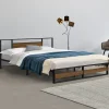 [En.Casa] Cadre de Lit Double Villach en Métal 180 x 200 cm Noir Mat Effet Noyer en.casa