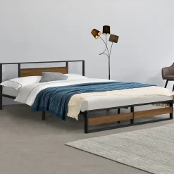 [En.Casa] Cadre de Lit Double Villach en Métal 180 x 200 cm Noir Mat Effet Noyer en.casa