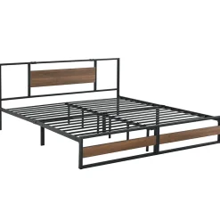 [En.Casa] Cadre de Lit Double Villach en Métal 180 x 200 cm Noir Mat Effet Noyer en.casa