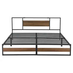 [En.Casa] Cadre de Lit Double Villach en Métal 180 x 200 cm Noir Mat Effet Noyer en.casa