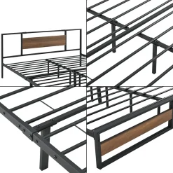 [En.Casa] Cadre de Lit Double Villach en Métal 180 x 200 cm Noir Mat Effet Noyer en.casa