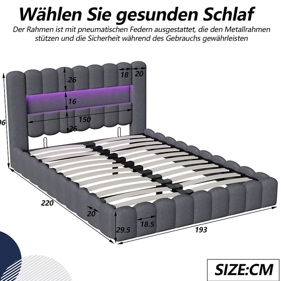 ProximaX Cadre de lit double 180x200 cm gris avec rangement, tissu en lin, LED, tête de lit avec station de charge et sommier à lattes New