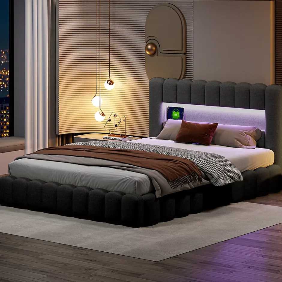 ProximaX Cadre de lit double 180x200 cm gris avec rangement, tissu en lin, LED, tête de lit avec station de charge et sommier à lattes New