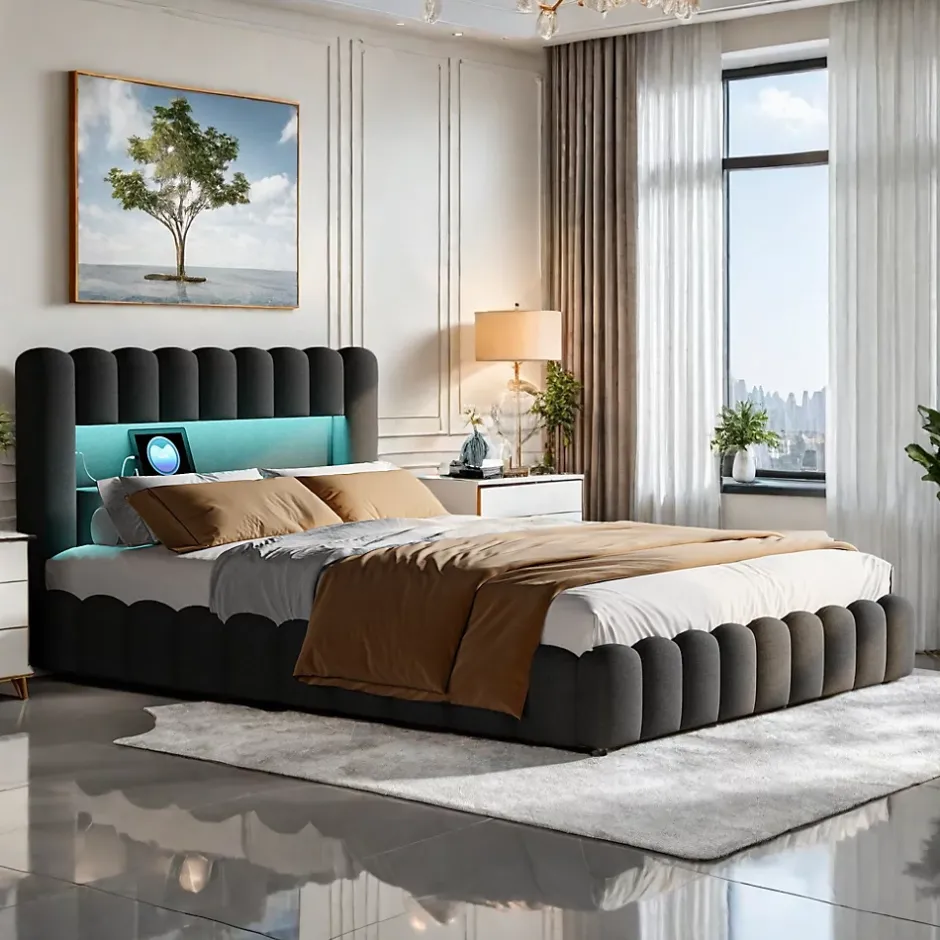 ProximaX Cadre de lit double 180x200 cm gris avec rangement, tissu en lin, LED, tête de lit avec station de charge et sommier à lattes New