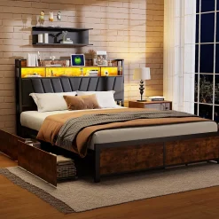 ProximaX Cadre de Lit Double 160x200 cm avec Tiroirs Coulissants et LED, en Métal Noir et Bois, Parfait pour Chambre d'Adultes, USB, noir Clearance
