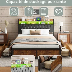 ProximaX Cadre de Lit Double 160x200 cm avec Tiroirs Coulissants et LED, en Métal Noir et Bois, Parfait pour Chambre d'Adultes, USB, noir