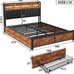 ProximaX Cadre de Lit Double 160x200 cm avec Tiroirs Coulissants et LED, en Métal Noir et Bois, Parfait pour Chambre d'Adultes, USB, noir