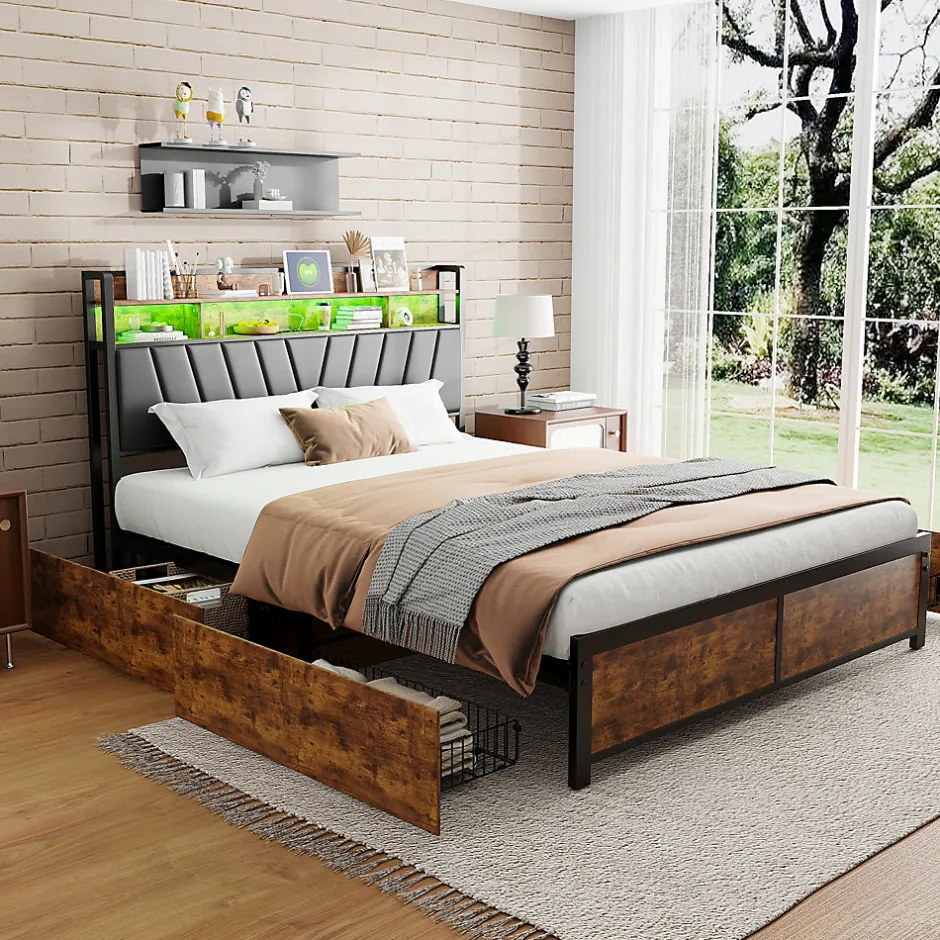 ProximaX Cadre de Lit Double 160x200 cm avec Tiroirs Coulissants et LED, en Métal Noir et Bois, Parfait pour Chambre d'Adultes, USB, noir