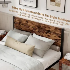 Giantex Cadre de Lit Double 140x200CM, Lit Plateforme avec Tête à Lattes, Pas Besoin de Sommier, Marron Rustique New