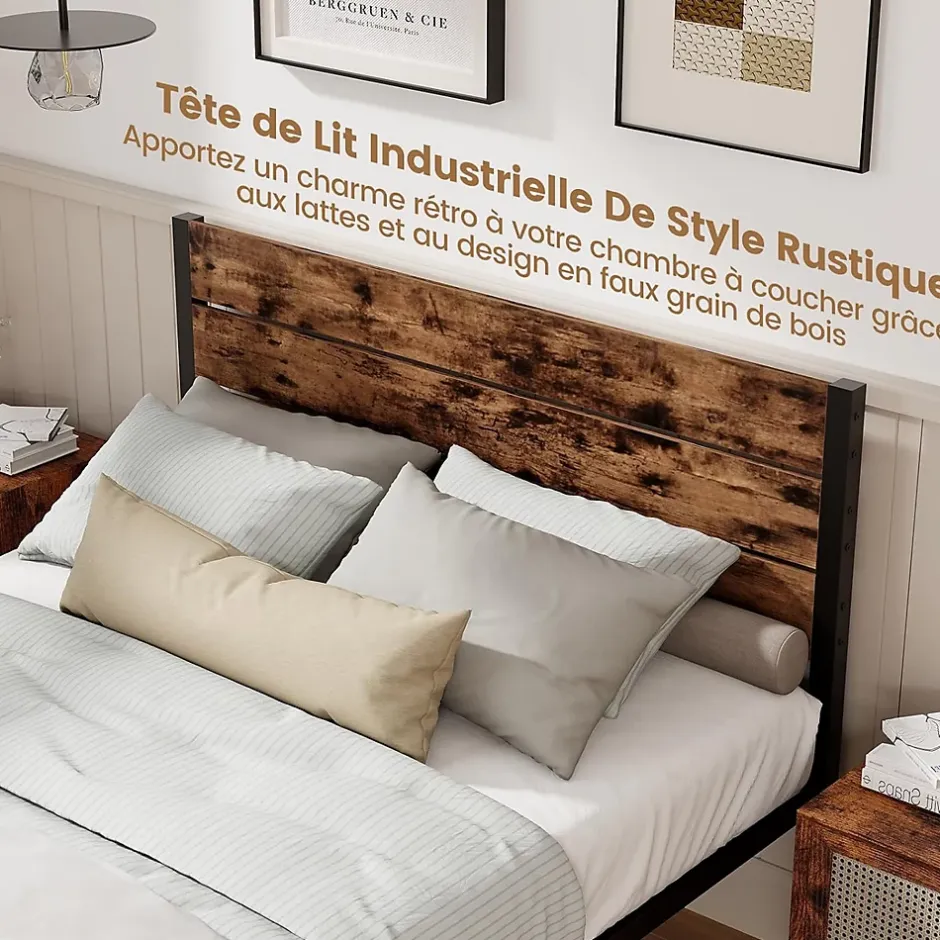 Giantex Cadre de Lit Double 140x200CM, Lit Plateforme avec Tête à Lattes, Pas Besoin de Sommier, Marron Rustique New