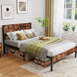 Giantex Cadre de Lit Double 140x200CM, Lit Plateforme avec Tête à Lattes, Pas Besoin de Sommier, Marron Rustique New