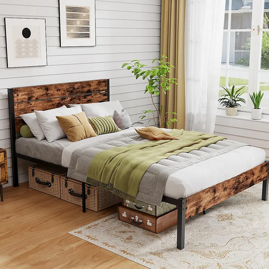 Giantex Cadre de Lit Double 140x200CM, Lit Plateforme avec Tête à Lattes, Pas Besoin de Sommier, Marron Rustique New