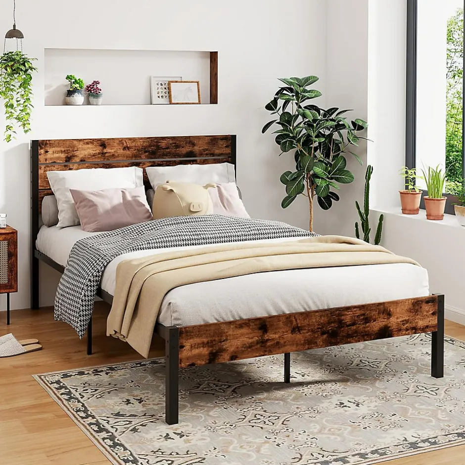 Giantex Cadre de Lit Double 140x200CM, Lit Plateforme avec Tête à Lattes, Pas Besoin de Sommier, Marron Rustique New