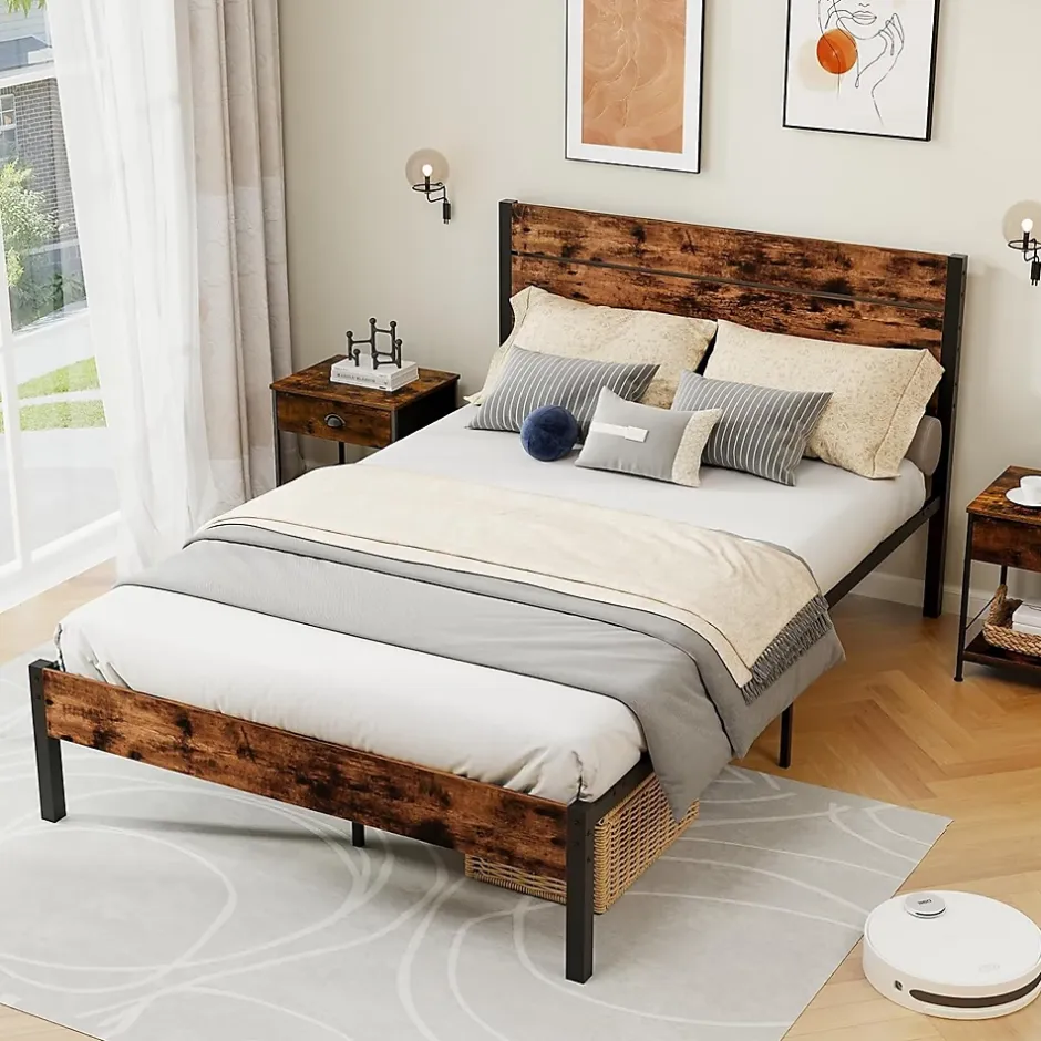 Giantex Cadre de Lit Double 140x200CM, Lit Plateforme avec Tête à Lattes, Pas Besoin de Sommier, Marron Rustique New
