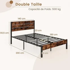 Giantex Cadre de Lit Double 140x200CM, Lit Plateforme avec Tête à Lattes, Pas Besoin de Sommier, Marron Rustique New