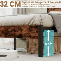Giantex Cadre de Lit Double 140x200CM, Lit Plateforme avec Tête à Lattes, Pas Besoin de Sommier, Marron Rustique New