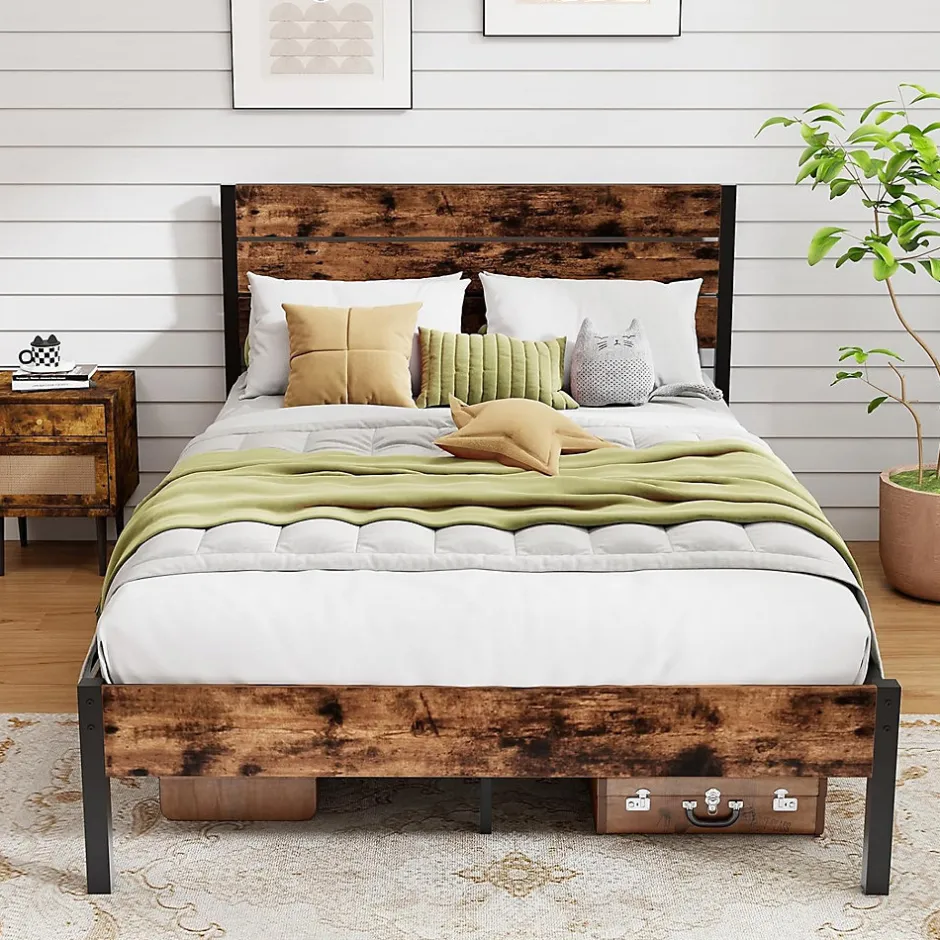 Giantex Cadre de Lit Double 140x200CM, Lit Plateforme avec Tête à Lattes, Pas Besoin de Sommier, Marron Rustique New