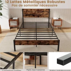 Giantex Cadre de Lit Double 140x200CM, Lit Plateforme avec Tête à Lattes, Pas Besoin de Sommier, Marron Rustique New