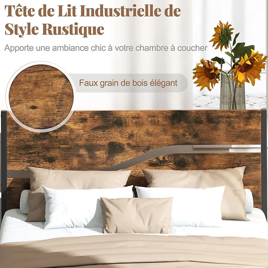 Giantex Cadre de Lit Double 140x200CM,avec Tête, Lattes en Métal,Espace de Rangement,Pas de Sommier Nécessaire,Brun Rustique,Charge 360KG Outlet