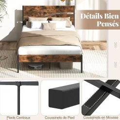 Giantex Cadre de Lit Double 140x200CM,avec Tête, Lattes en Métal,Espace de Rangement,Pas de Sommier Nécessaire,Brun Rustique,Charge 360KG Outlet