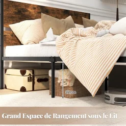 Giantex Cadre de Lit Double 140x200CM,avec Tête, Lattes en Métal,Espace de Rangement,Pas de Sommier Nécessaire,Brun Rustique,Charge 360KG Outlet