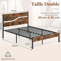 Giantex Cadre de Lit Double 140x200CM,avec Tête, Lattes en Métal,Espace de Rangement,Pas de Sommier Nécessaire,Brun Rustique,Charge 360KG Outlet